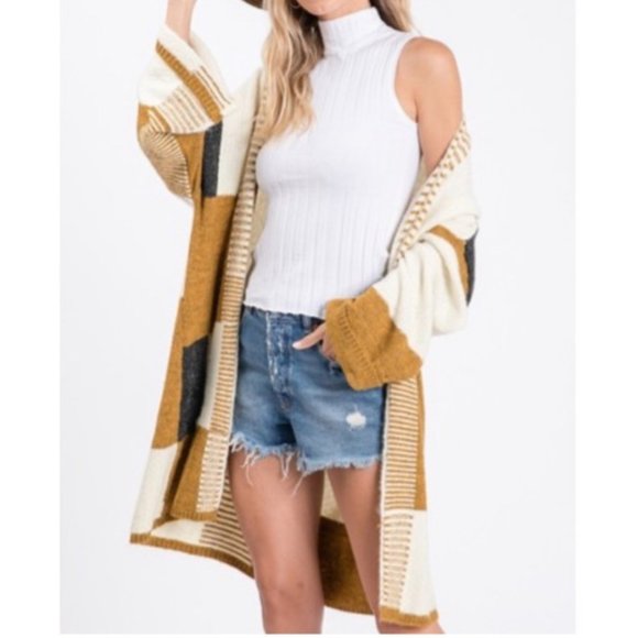 Boho Mustard Color block NEW Open Front Cardigan - Picture 5 of 8